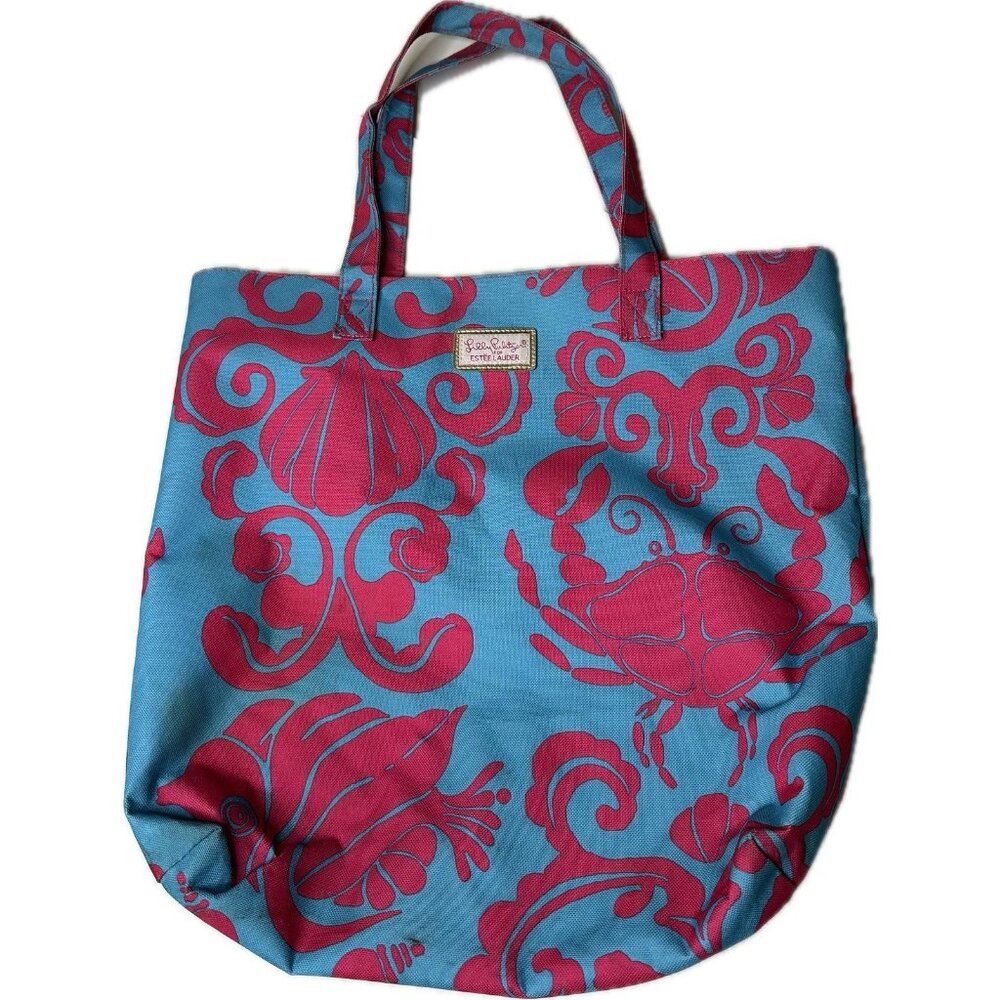 Lilly Pulitzer Estee Lauder Pink And Blue Canvas Tote Bag Beach Ocean Sea Theme - Picture 2 of 7